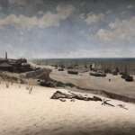 Ein künstlich angelegter Panoramablick mit Sandstrand und im Hintergrund gezeichneten, historischen Booten, die in Ufernähe in Den Haag vor Anker liegen. Im Hintergrund sind unter einem bewölkten Himmel zudem einige Gebäude und eine Kirche zu sehen.