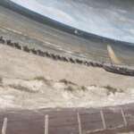 Ein bezauberndes Gemälde einer Strandszene in Den Haag, wo majestätische Pferde eine Reihe von Kutschen entlang der Küste ziehen und im Hintergrund Boote auf dem ruhigen Wasser verstreut sind.