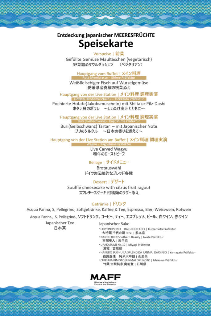 Das Menü des Abends bei der „Entdeckung Japanischer Meeresfrüchte“ im Adlon, Berlin