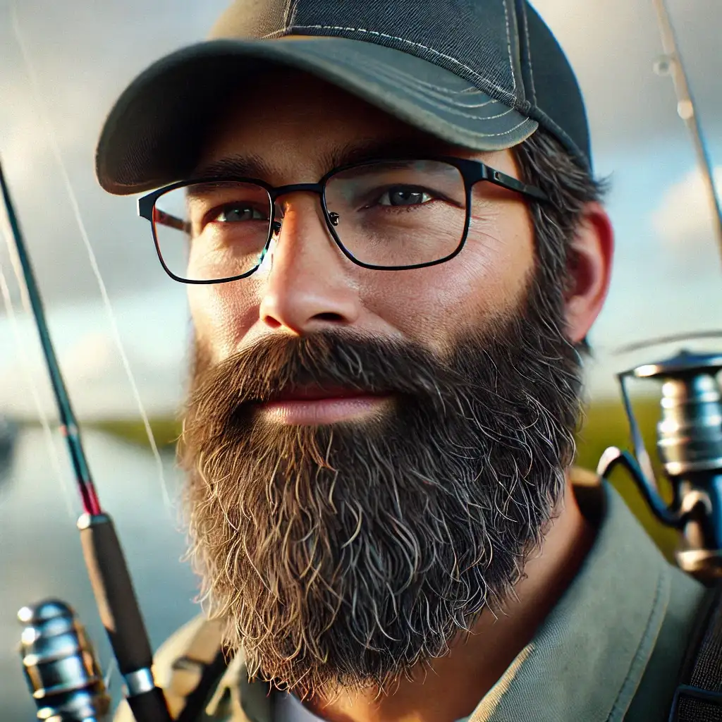 Ein KI-generiertes Bild zeigt einen bärtigen Mann mit Brille und Baseballcap. Im Hintergrund ist eine Angel und ein See zu sehen.