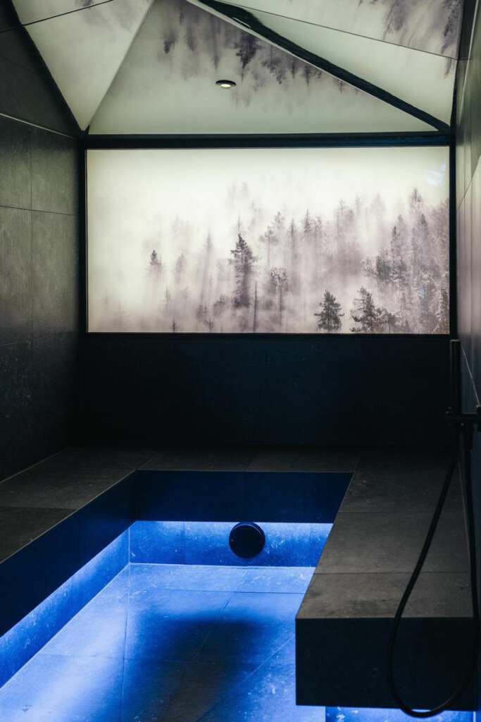 Ein moderner Innenpool mit blauer Beleuchtung und einem malerischen Waldgemälde an der Wand.