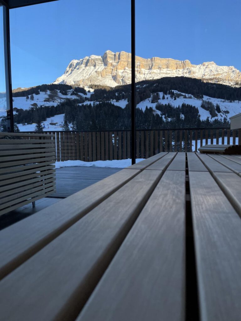 Blick durch ein Glasfenster auf schneebedeckte Berge, im Vordergrund ein Holztisch auf einer Terrasse. Der Himmel ist klar und blau.