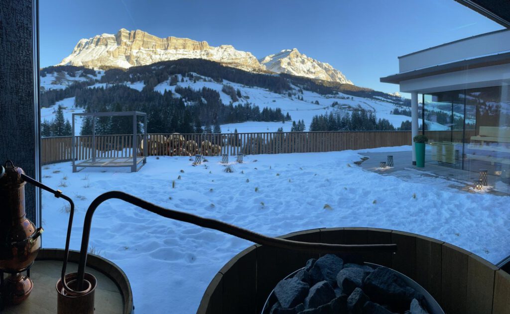 Blick aus einem Fenster auf eine verschneite Landschaft mit einem Holzzaun, einem Stapel Baumstämme und einer Bergkette im Hintergrund unter einem klaren blauen Himmel. Innenobjekte teilweise sichtbar.