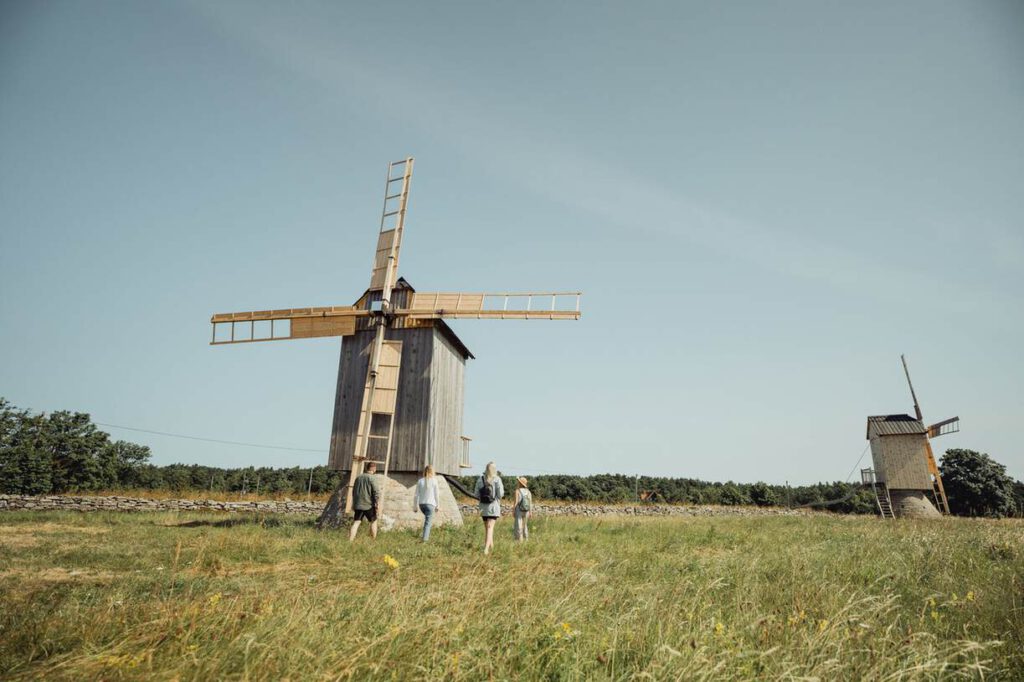 Vier Personen gehen auf eine traditionelle hölzerne Windmühle in einem grasbewachsenen Feld zu, während in der Ferne bei klarem Himmel eine weitere Windmühle zu sehen ist.