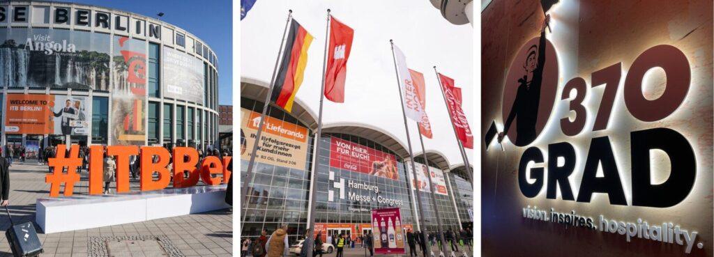 Drei Fotos zeigen als Collage, die Eingänge zu den Messen ITB Berlin und Internorga in Hamburg sowie ein Werbeschild der Fachmesse 370GRAD in Hamburg.