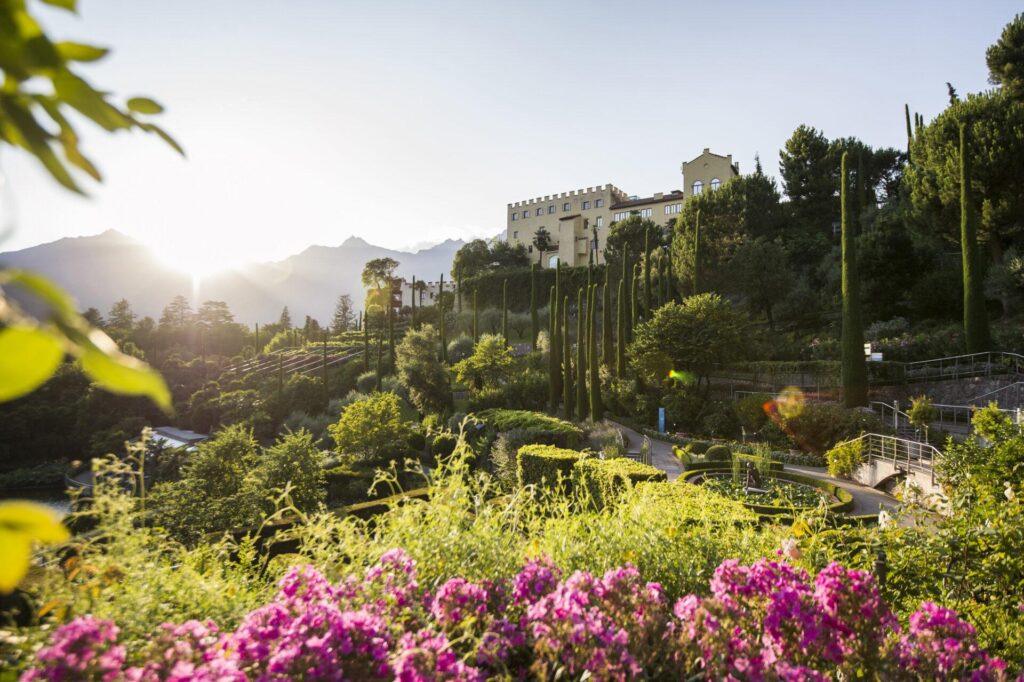 Ein Garten am Hang mit blühenden rosa Blumen, hohen Zypressen und einem großen Gebäude im Hintergrund, das von der untergehenden Sonne beleuchtet wird.