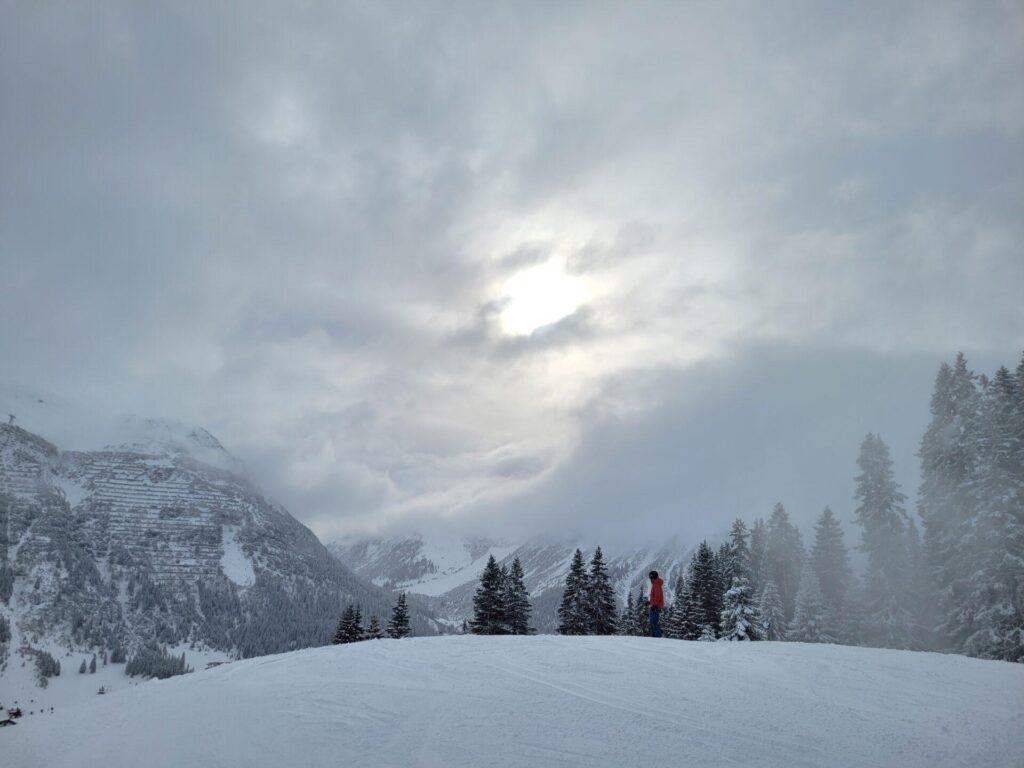 Eine Person in einer roten Jacke steht auf einem verschneiten Hang, umgeben von Kiefern, mit bewölktem Himmel und Bergen im Hintergrund.